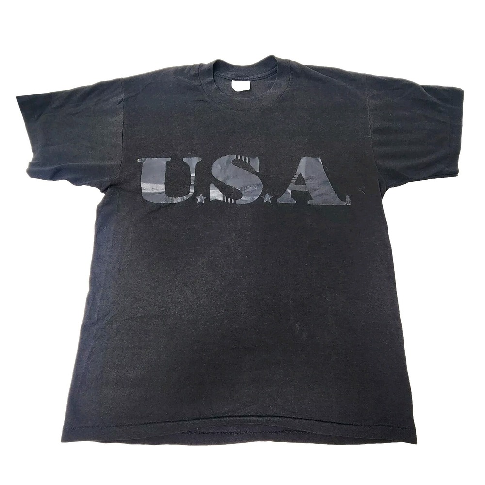 Vintage 90s Stedman Super 50 Black "USA" Single Stitch Shirt L Made USA 1990